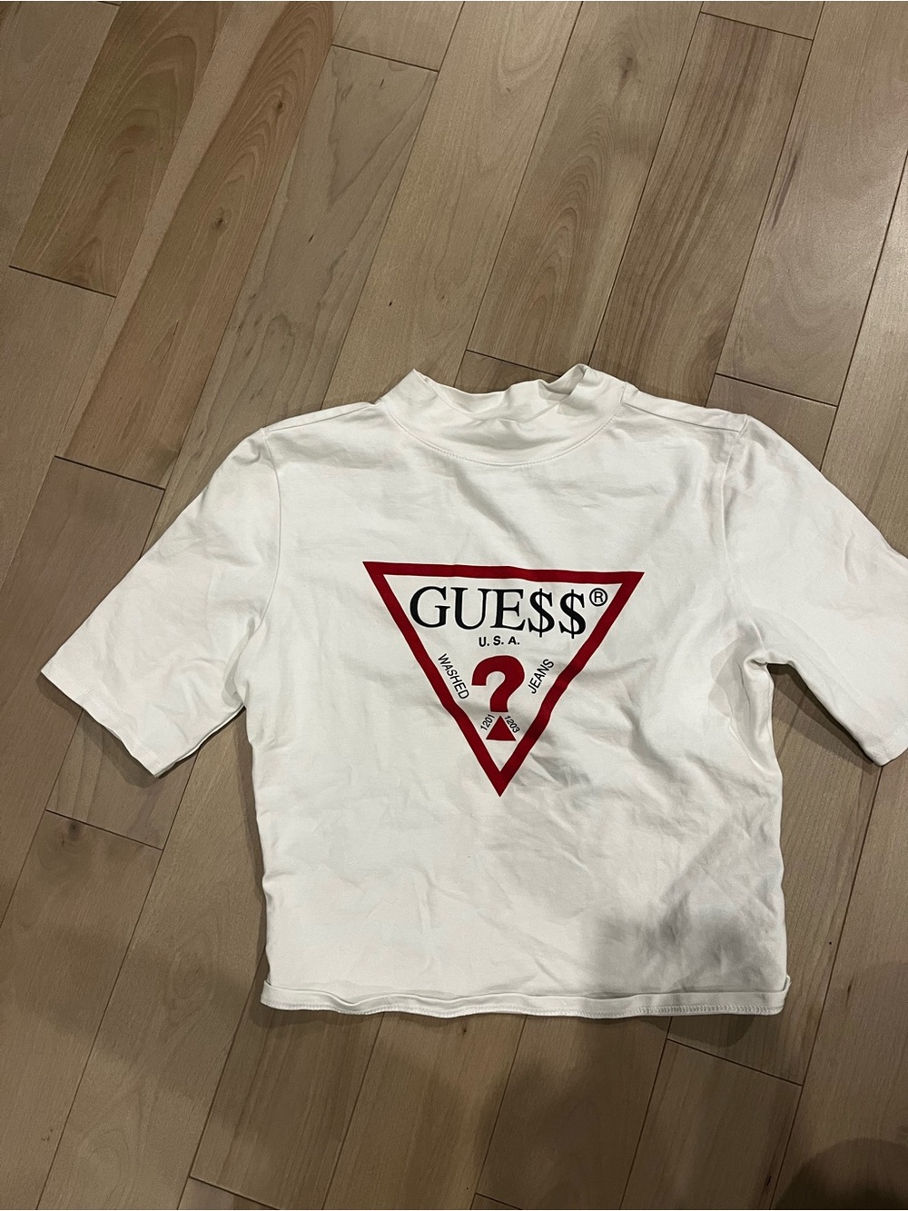 Guess White Short Sleeve Tee with Red Triangle Logo